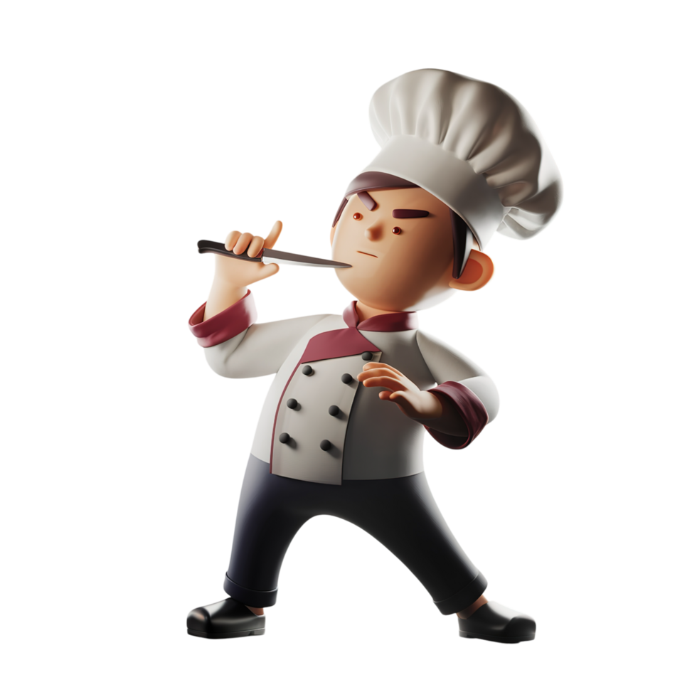Cartoon Chef Character Tasting Food Knife 3D Render red cook cute meal gray icon png