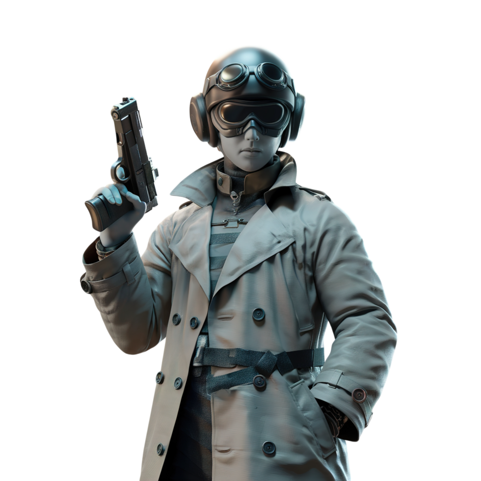 Stylish Agent in Trench Coat Holds Gun 3D Render spy man art grey cool model png