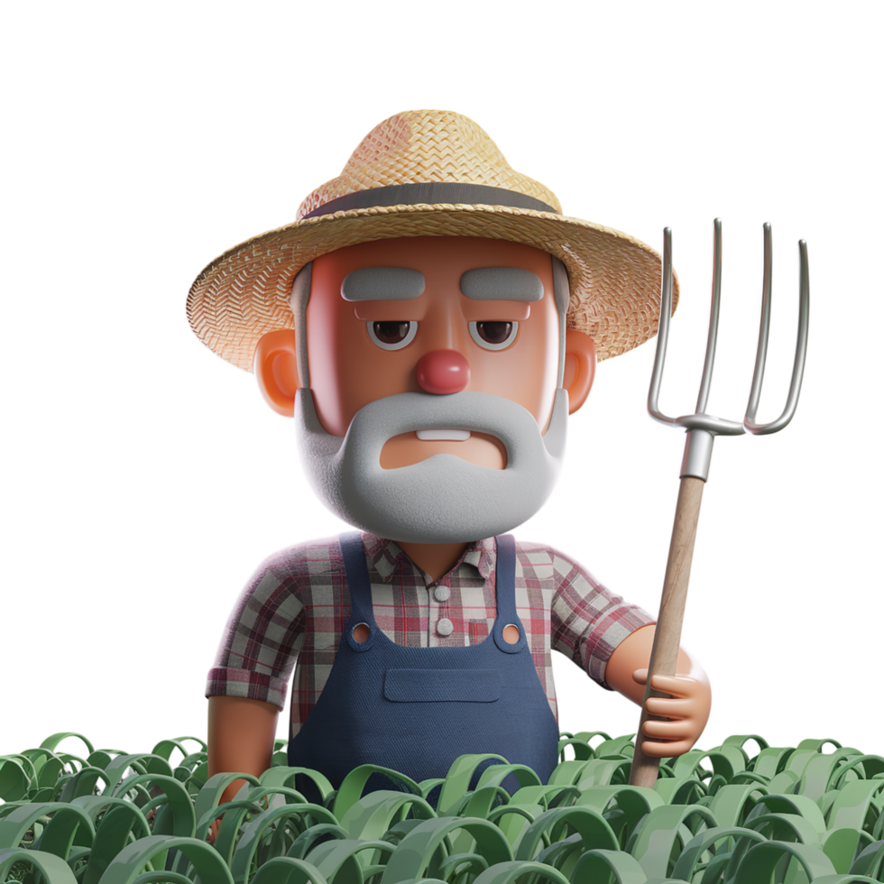 Friendly Cartoon Farmer with Pitchfork in Field 3d hay man old hat work land png