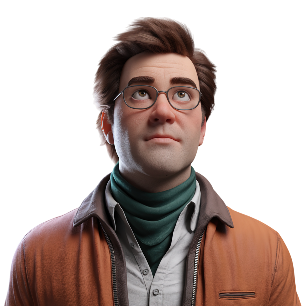 Thoughtful Man Portrait 3D Render Stylish Glasses art male face look calm scarf png