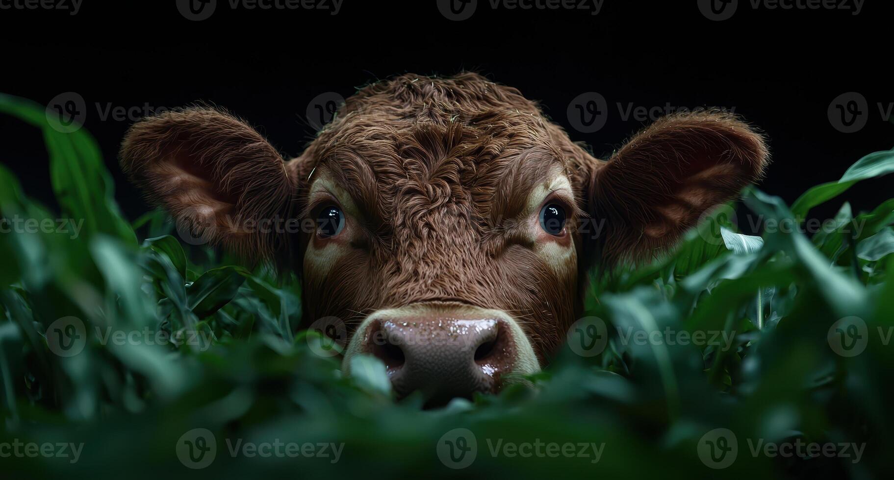 A brown cow peers out from a field of green corn stalks photo