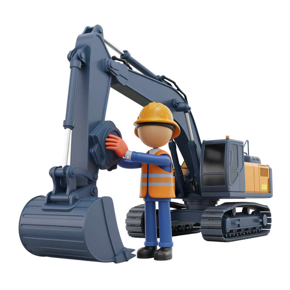 Construction Worker Inspecting Excavator Arm Equipment 3d job man site blue vest png