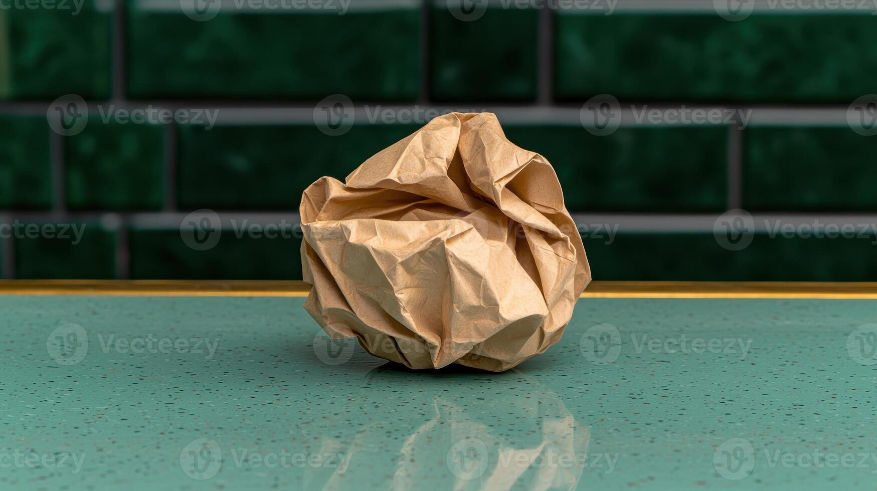 Crumpled brown paper ball on a green surface photo