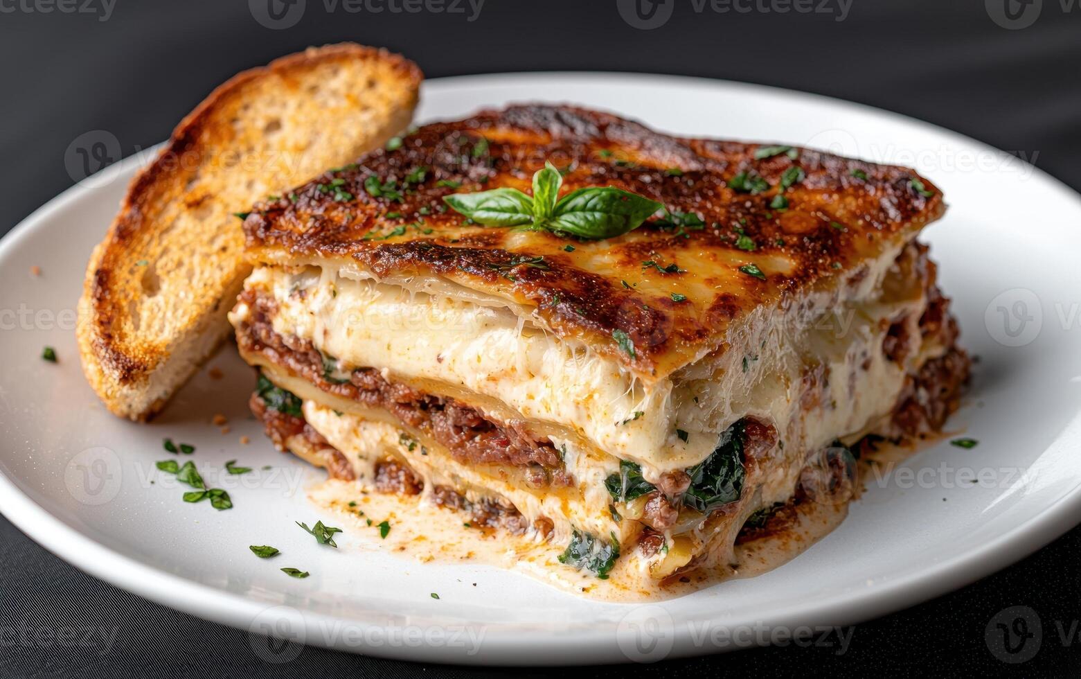 A delicious slice of lasagna with toasted bread photo