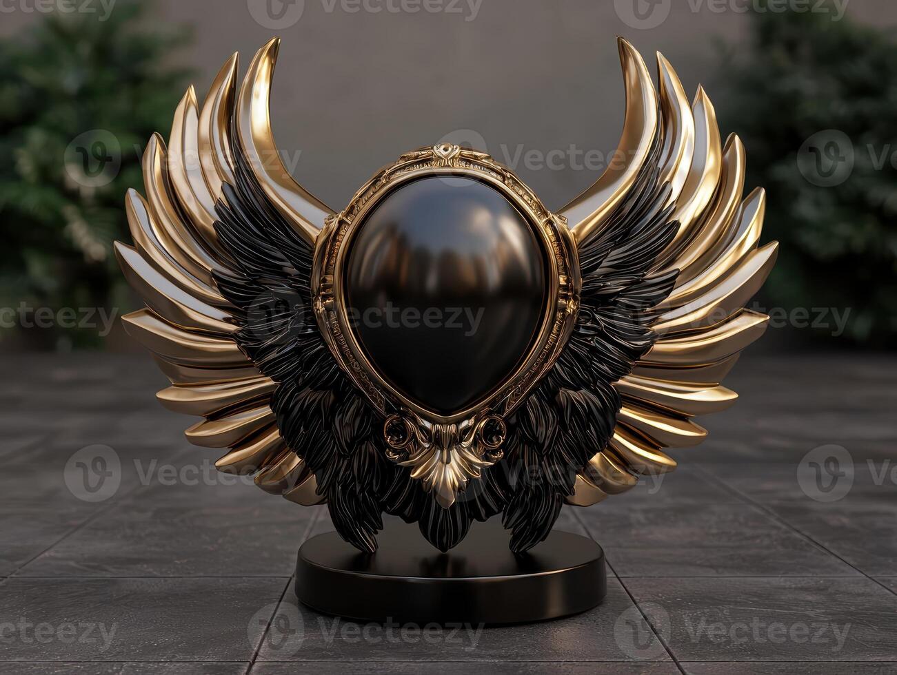 A golden emblem with wings on a pedestal photo