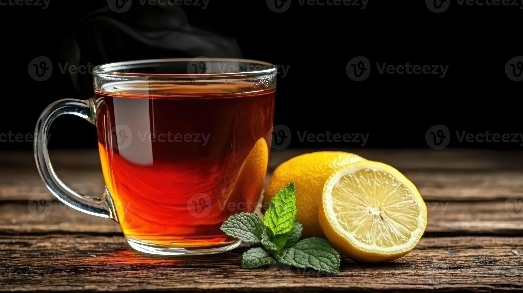 A cup of hot tea with lemon and mint on a wooden table photo