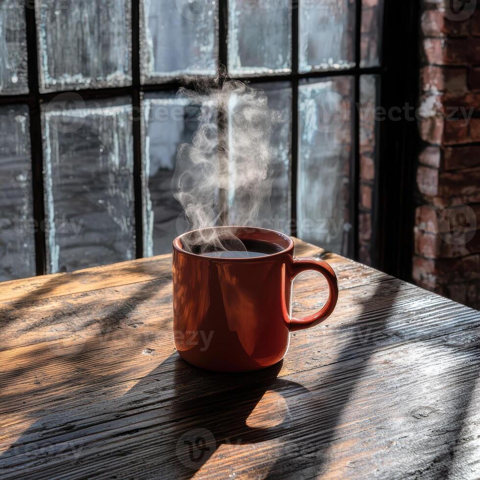 A steaming mug of coffee sits on a wooden table by a window photo