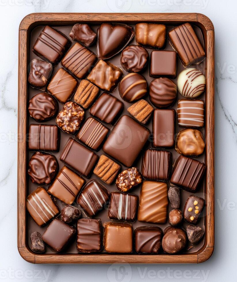 Assorted chocolate pralines in a wooden box photo