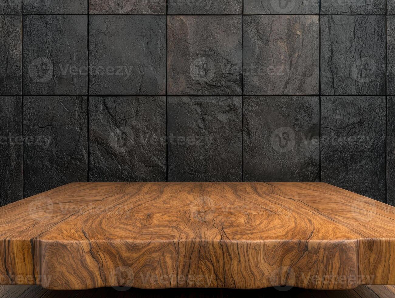 Wood table against a dark stone wall, perfect for product placement photo
