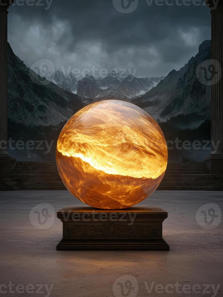 Glowing orb on a pedestal with a mountain backdrop photo