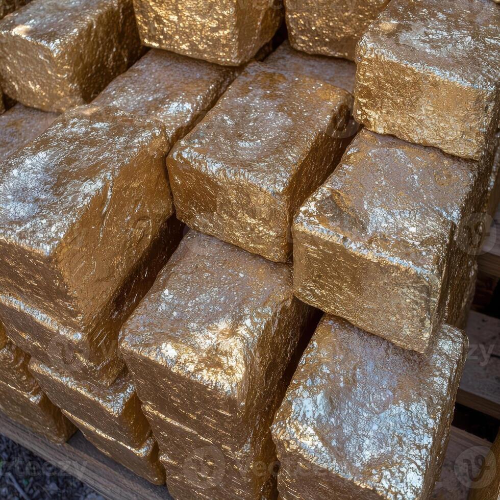 Stacks of shiny gold bars on a pallet photo
