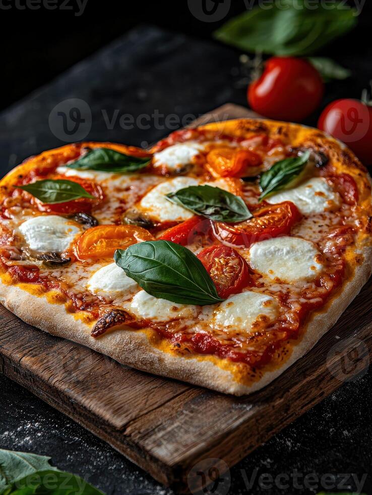 Heart shaped pizza with tomatoes, mozzarella, and basil on a wooden board photo