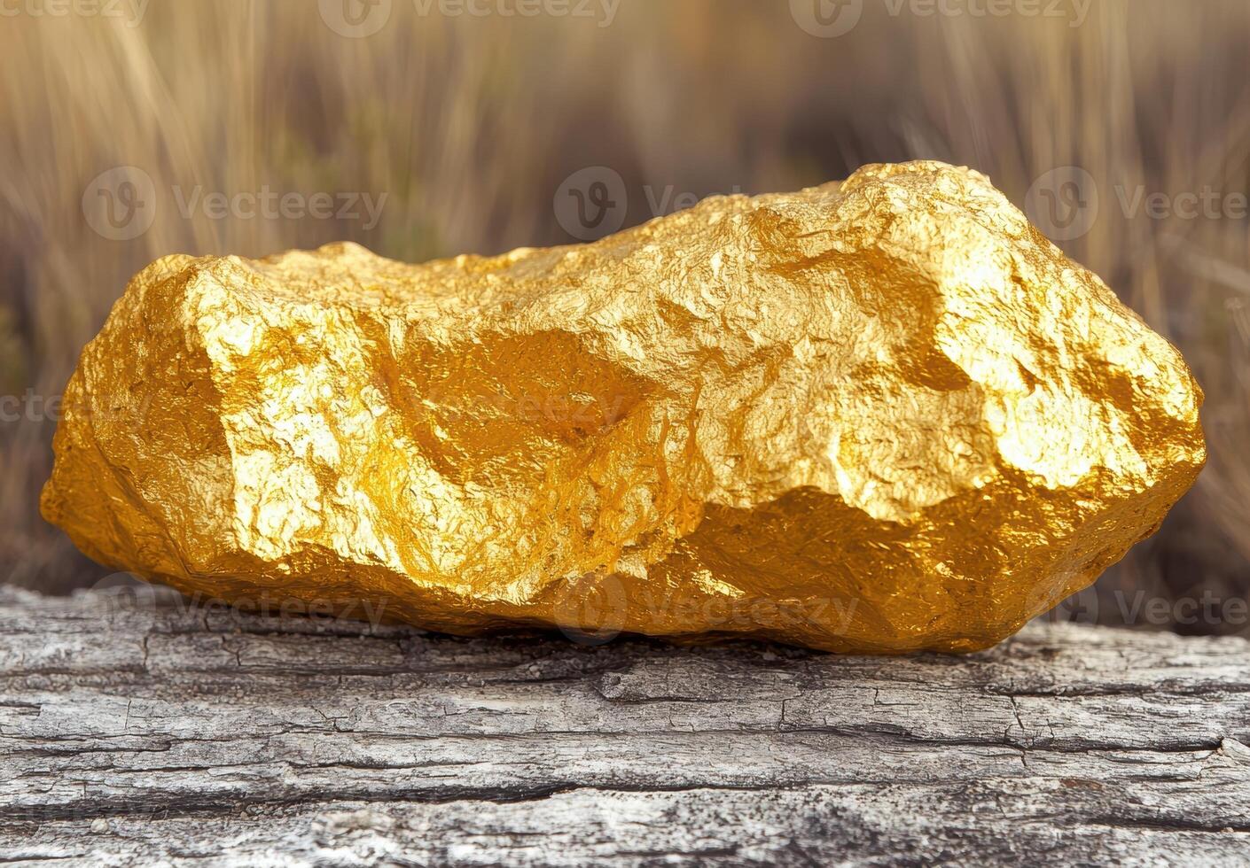 A large gold nugget resting on a log photo