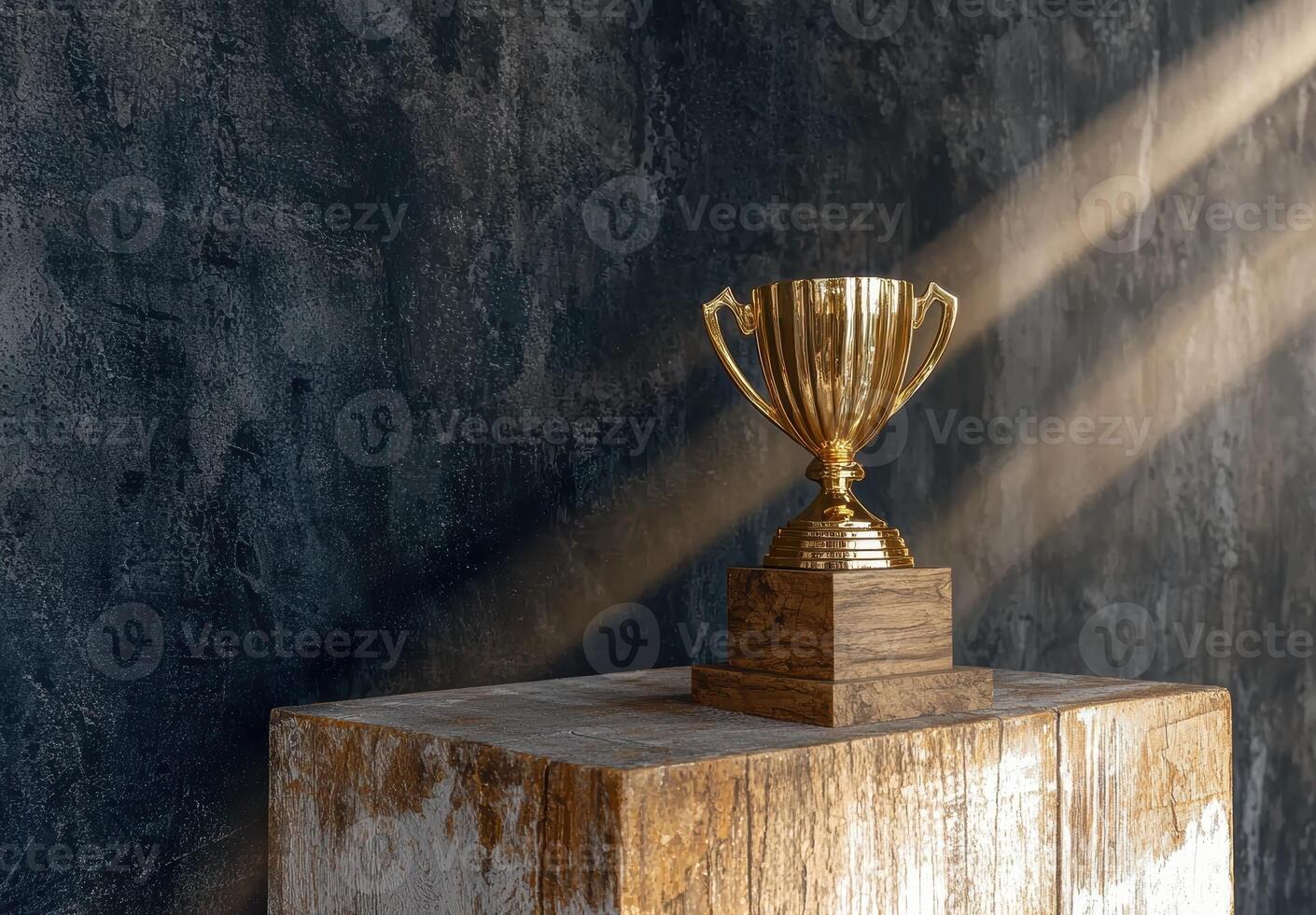 A gold trophy sits on a wooden block against a textured wall photo