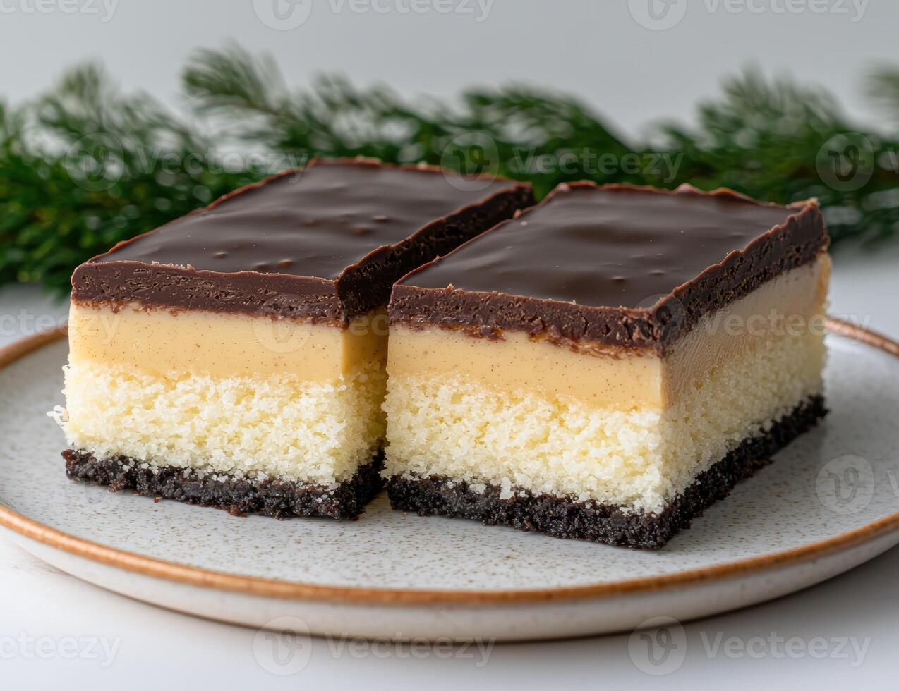 Two Nanaimo bars sit on a plate with evergreen branches in the background photo