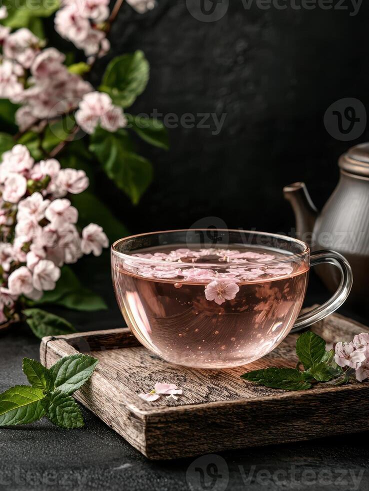 A cup of pink flower tea on a wooden tray with a teapot and flowers in the background photo