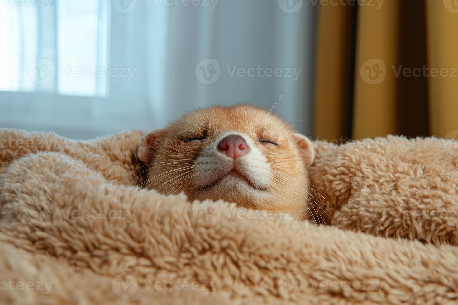 Cute kitten sleeping comfortably in a fluffy bed photo