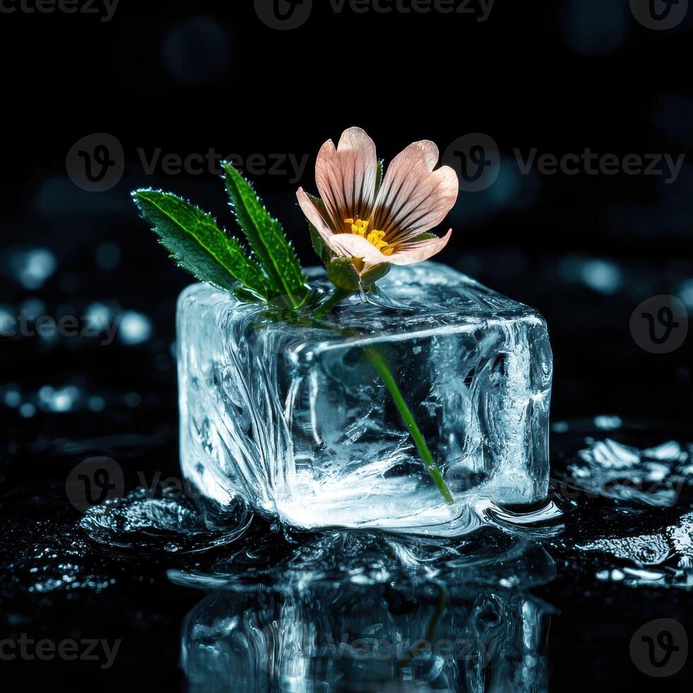 A delicate flower frozen in a block of ice, melting on a dark surface photo
