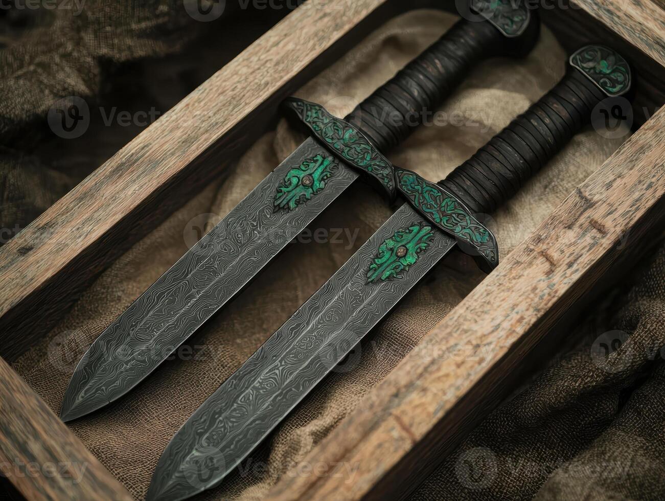 Two ornate daggers in a wooden box photo