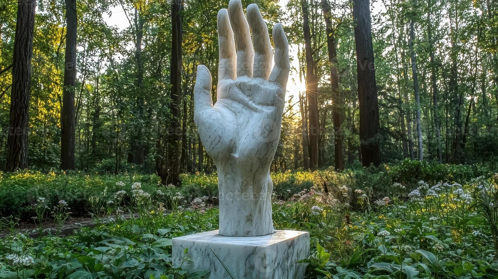 Marble hand sculpture in a forest photo