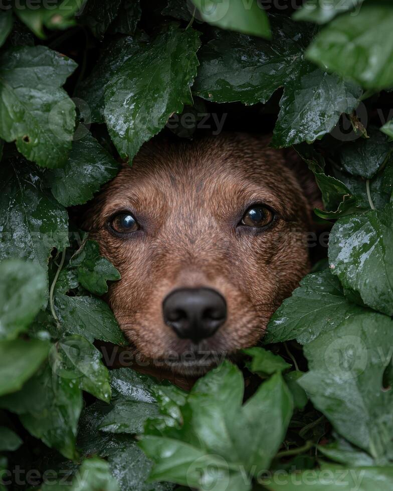 Dog peeking through lush green leaves photo