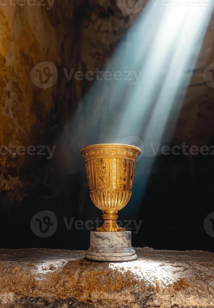 A golden chalice sits in a cave illuminated by a beam of light photo