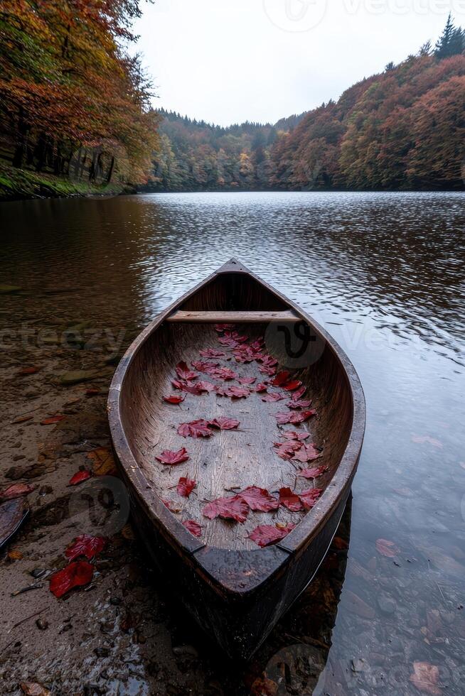 A canoe filled with red leaves rests on the shore of a still lake in autumn photo