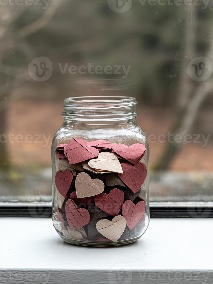 A jar full of paper hearts sits on a windowsill photo