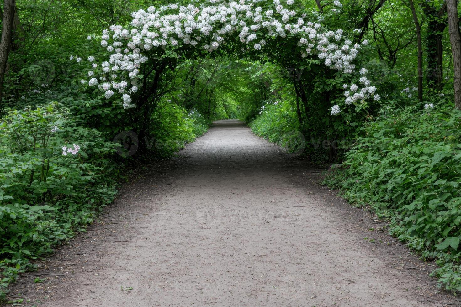 A path leads through a green tunnel of flowering trees photo