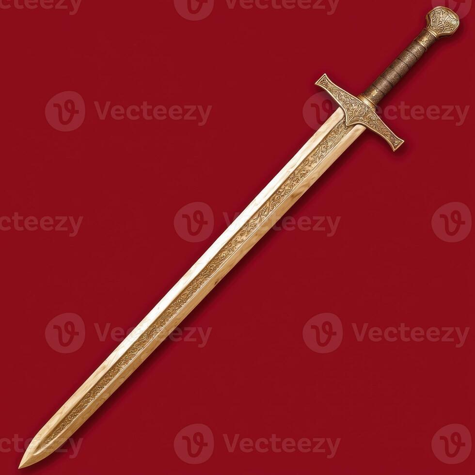 Ornate medieval sword on red background photo