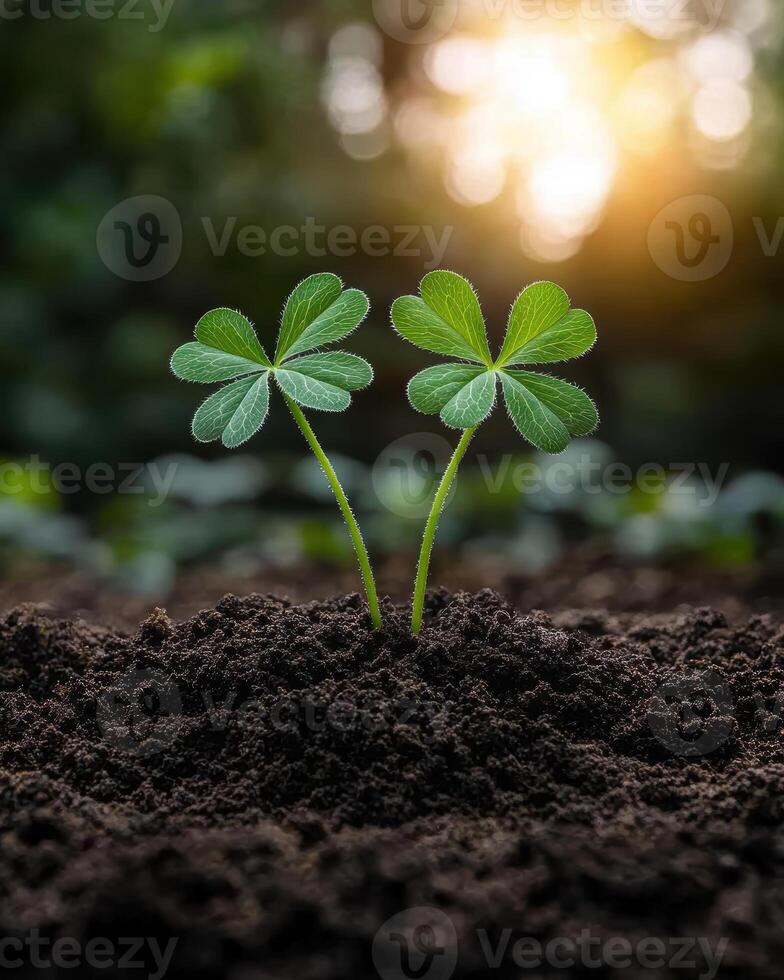 Two lucky four leaf clovers growing in soil photo