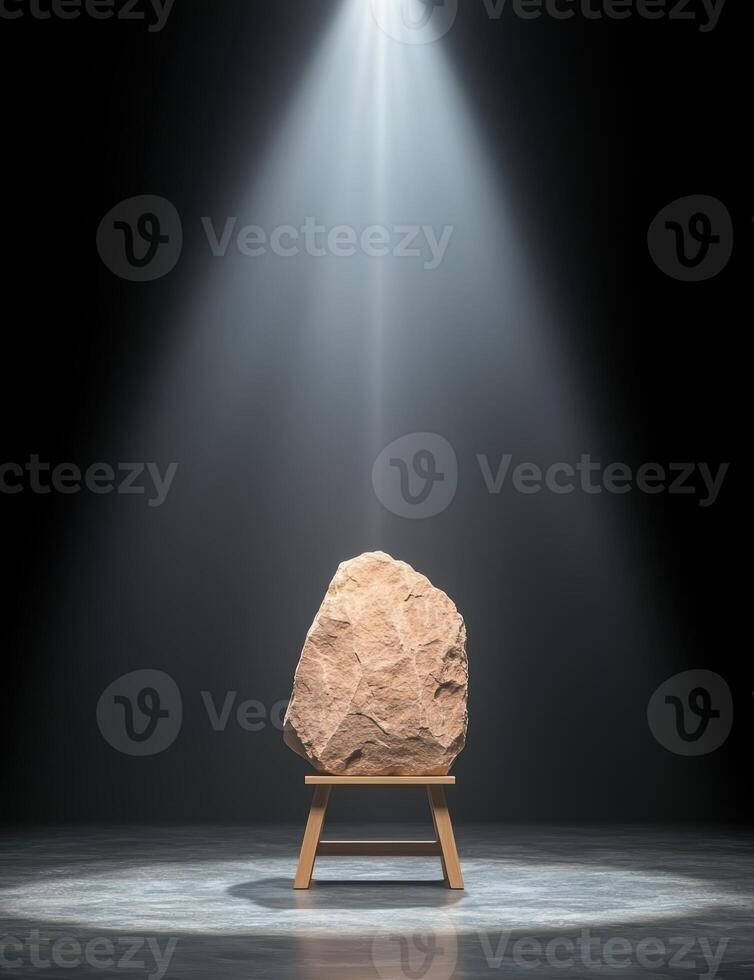A large rock sits on a wooden stand under a spotlight photo