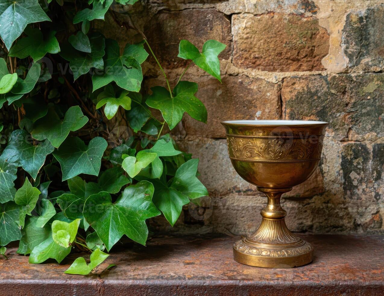 Ornate golden goblet with ivy on a stone surface photo