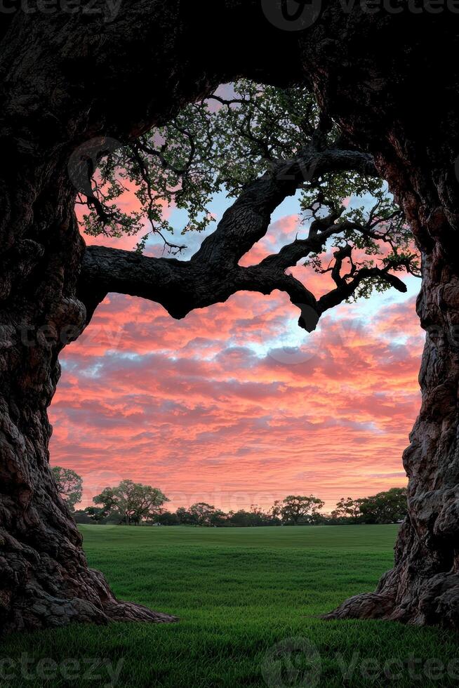 A beautiful view of a sunset through the branches of a tree photo