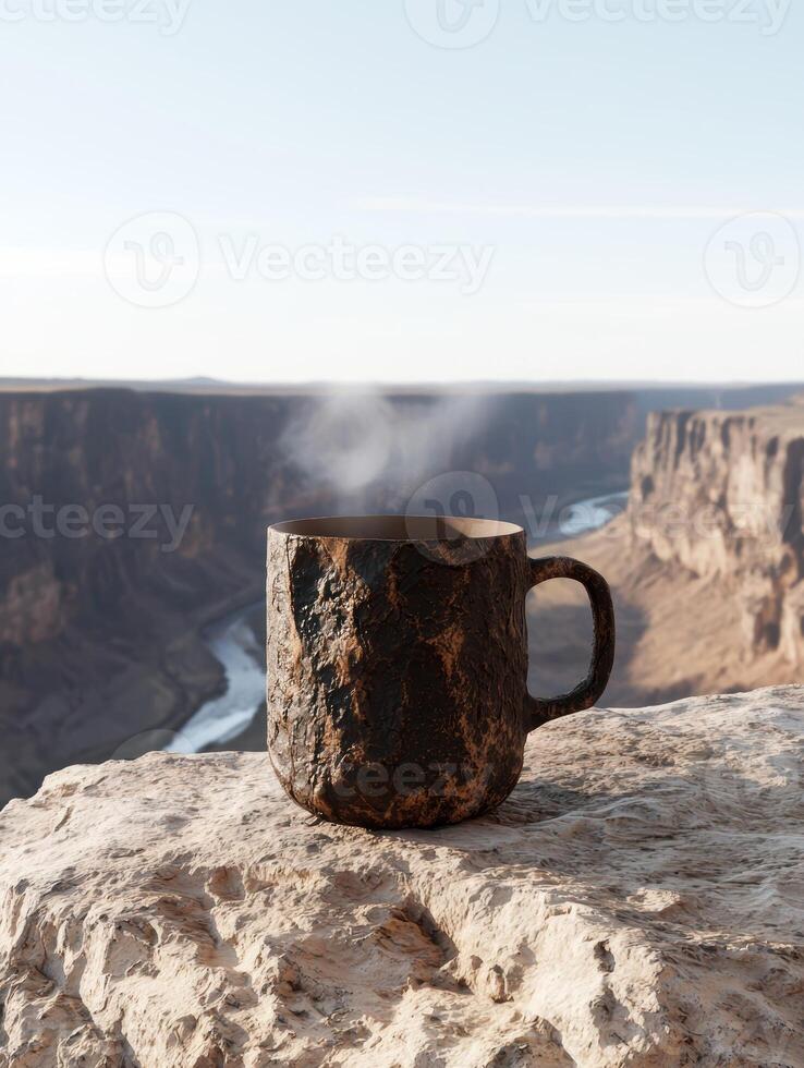 A textured mug sits on a rock ledge overlooking a canyon photo
