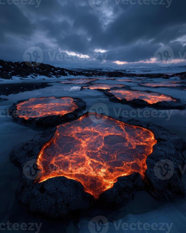 Volcanic lava flowing in a frozen landscape at dusk photo