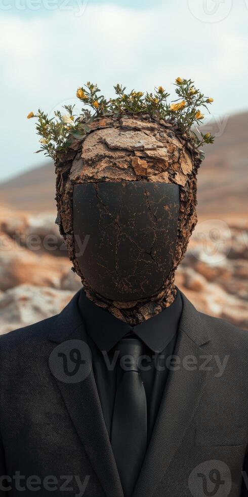 A surreal man with a head made of bark and flowers in a suit stands in a desert landscape photo
