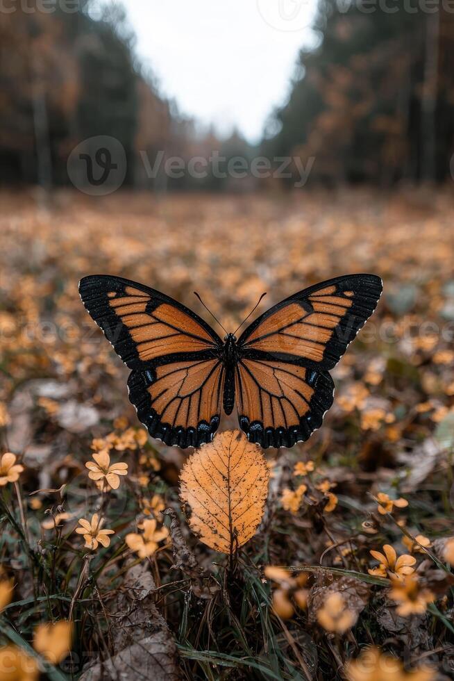 Monarch butterfly resting on a leaf in an autumn forest photo