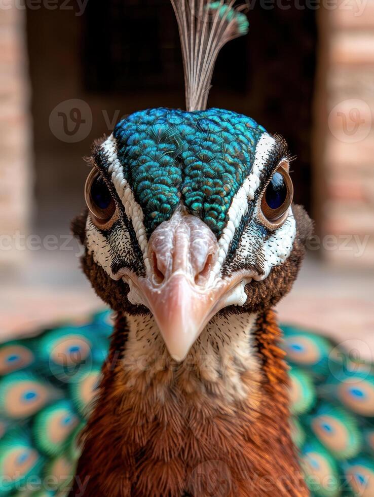 Close up of a peacock head with vibrant blue and brown feathers photo
