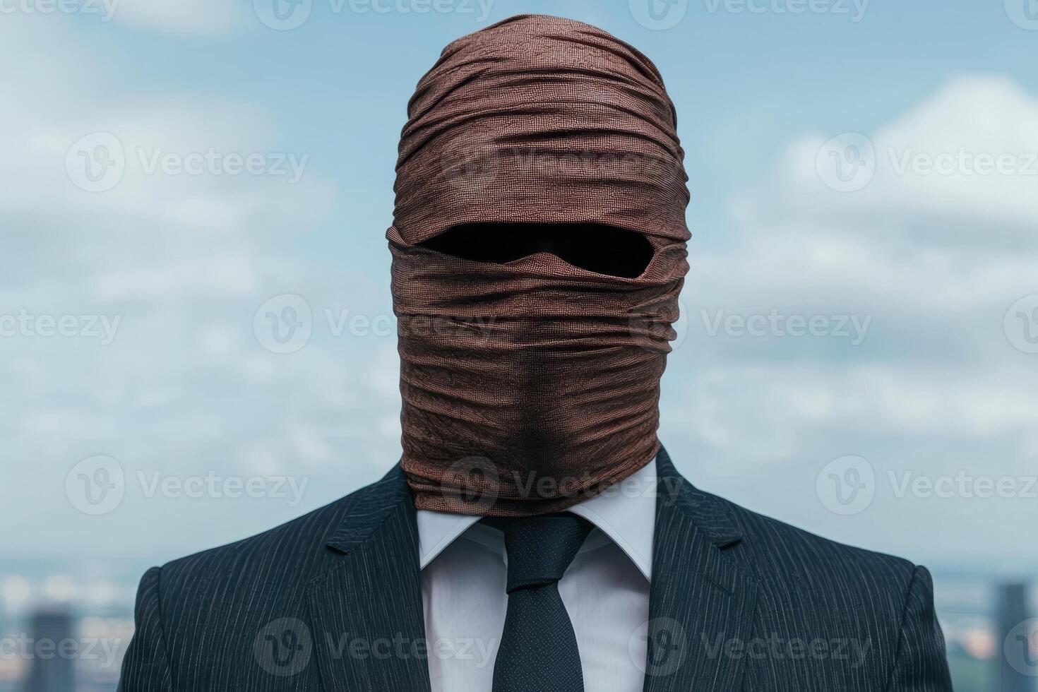 Mysterious person in suit with wrapped head photo