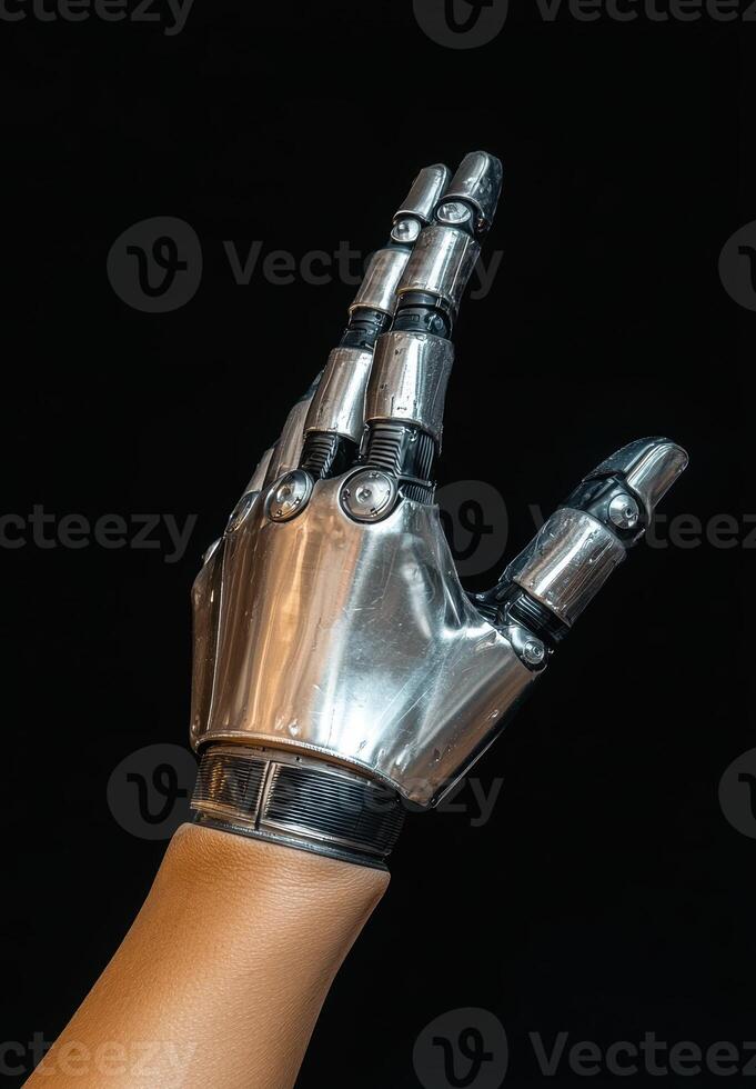A futuristic robotic hand making a peace sign photo