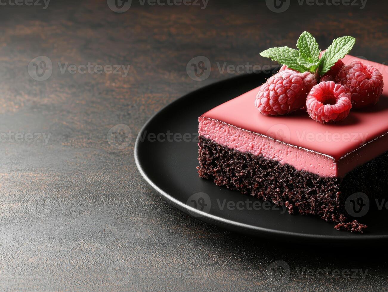 A slice of chocolate raspberry cake on a black plate photo