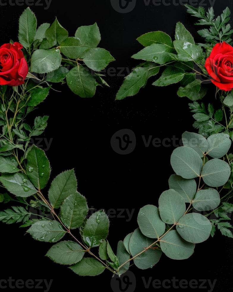 Heart shape made of roses and leaves on a black background photo