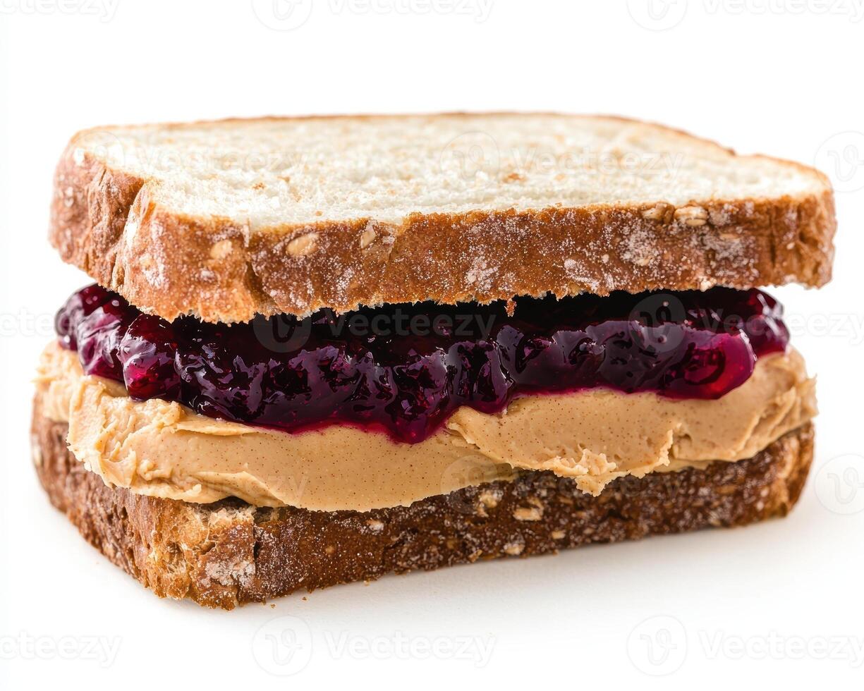A peanut butter and jelly sandwich on whole wheat bread photo