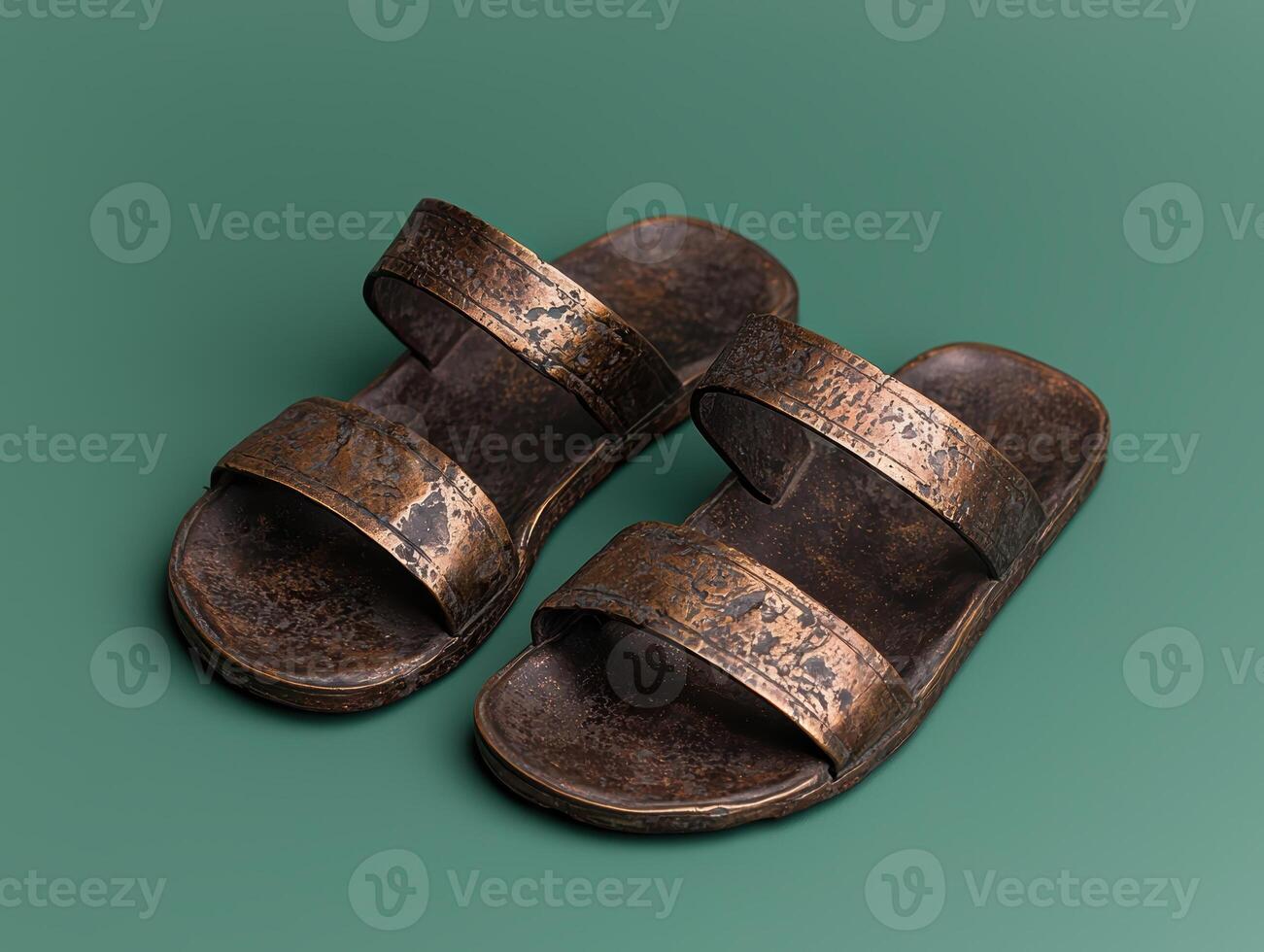 Pair of bronze sandals on a green background photo