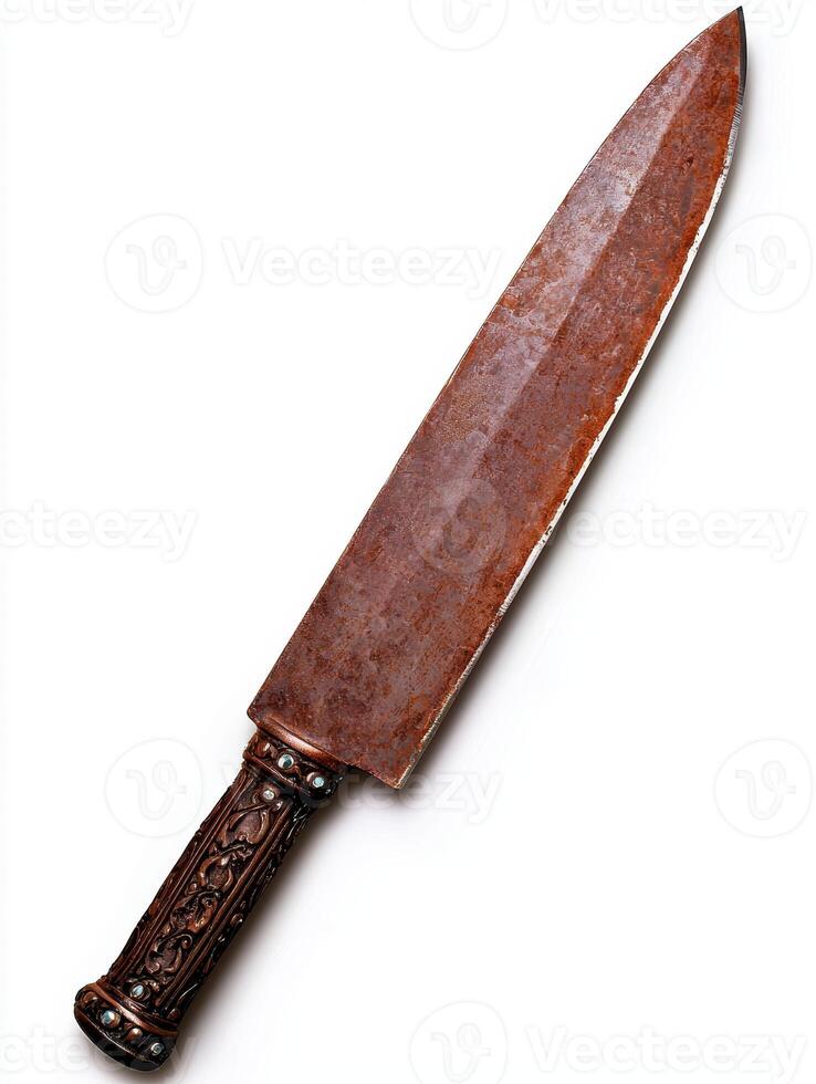 A rusty, antique dagger with an ornate handle photo