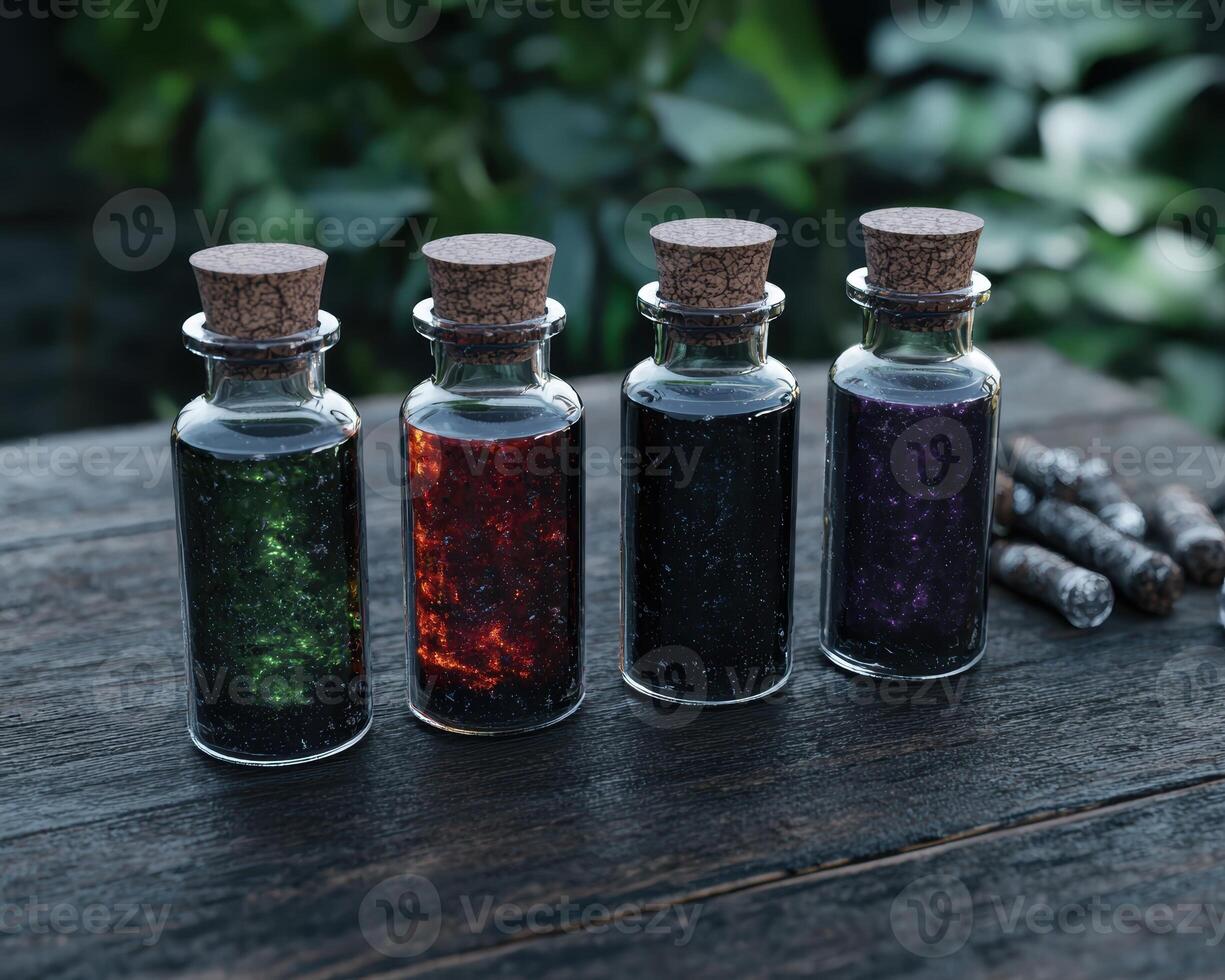 Four glass bottles filled with colorful liquids on a wooden table photo