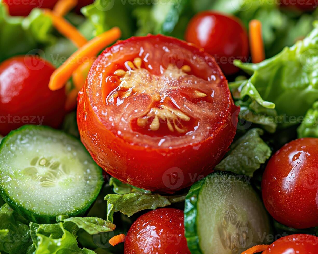 Fresh salad with tomatoes, cucumbers, carrots and lettuce photo