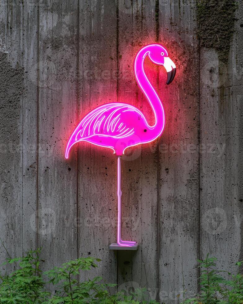 A bright pink flamingo neon sign against a concrete wall photo
