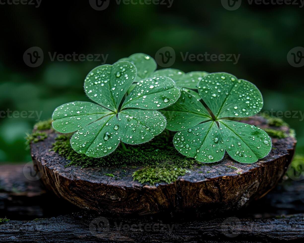 Close up of shamrocks with water droplets on a mossy log photo